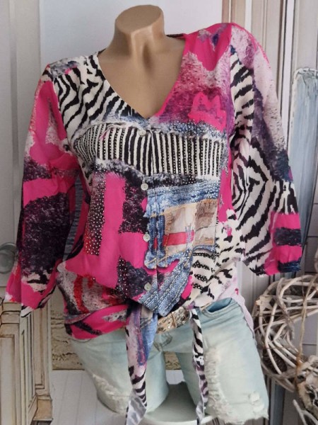 MISSY Bluse Hemdbluse L 40 Tunika vorne zum binden Patchwork Jeans Animal pink Print Glitzer NEU