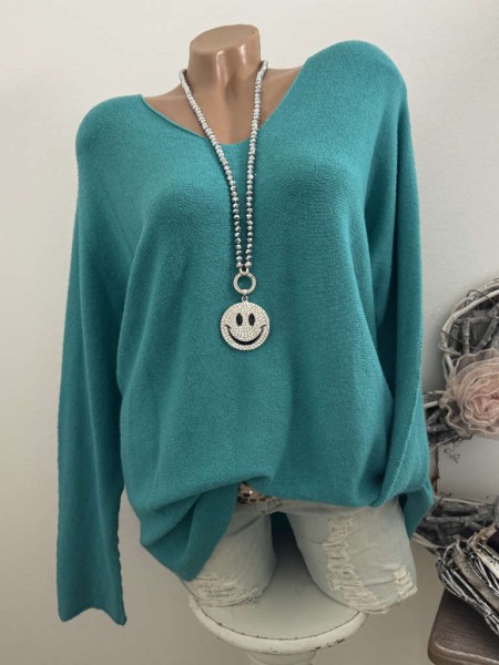 V-Neck Flausch Pullover Pulli petrol 40-44 Neu Tunika Made in Italy