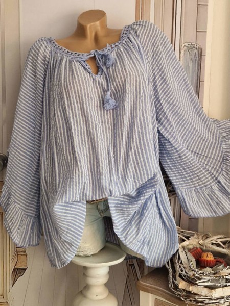 Tunika Bluse blau weiss zart gestreift Baumwolle weite Ärmel 38-48 Made in Italy