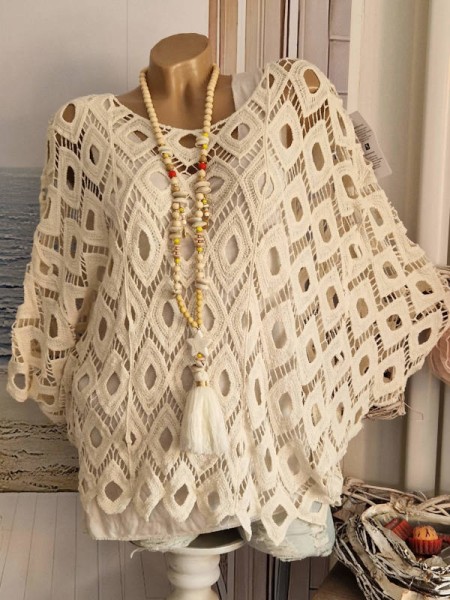 Oversize Häkel Tunika beige Bluse Shirt 36-44 Fledermausarm Made in Italy