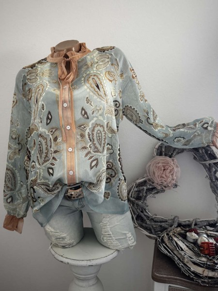Bluse Missy L 40 Langarm Hemdbluse Tunika blau Paisley gemustert Bindebändchen Neu Glitzer Nieten