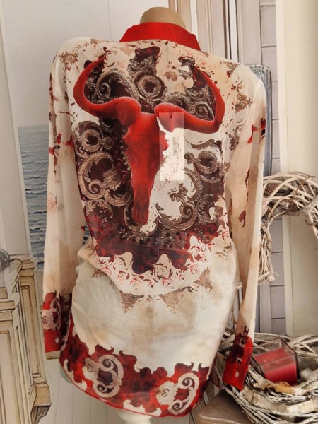 MISSY XL 42 Bluse Tunika Stierkopf beige gold Kirschrot Print Hemdbluse vorne zum binden Glitzer NEU