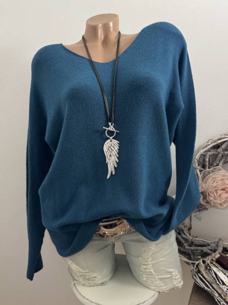 V-Neck Flausch Pullover Pulli petrol 40-44 Neu Tunika Made in Italy