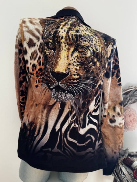 Neue Kollektion MISSY XL 42 Kurzblazer Blazer Animal Tigerkopf Glitzer Nieten Ausgefallen