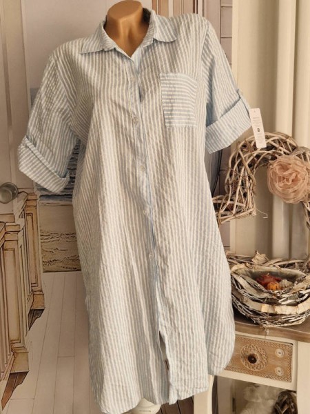 Long Hemdbluse Bluse Hemdblusenkleid Made in Italy graublau/weiss Leinenoptik 38-42