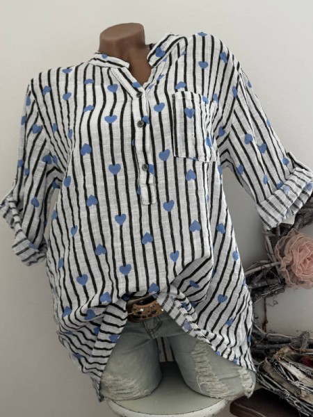 Tunika Bluse NEU Fischerhemd gestreift Herzchen weiss schwarz blau 38-42 Italy