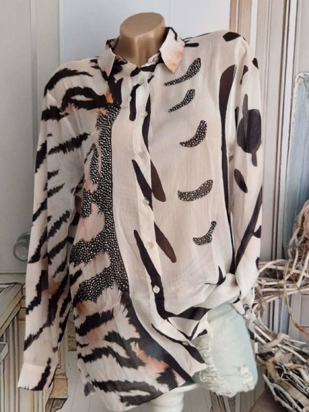 XL 42 MISSY Bluse Hemdbluse wollweiss schwarz beige Tiger/Animal Print Tunika zum Knöpfen Glitzer NE
