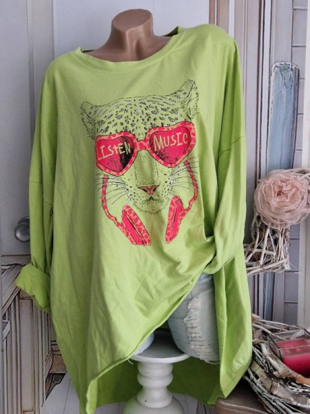 Vokuhila Sweatshirt grün Longsleeve long Tunika Print NEU Made in Italy 40-46