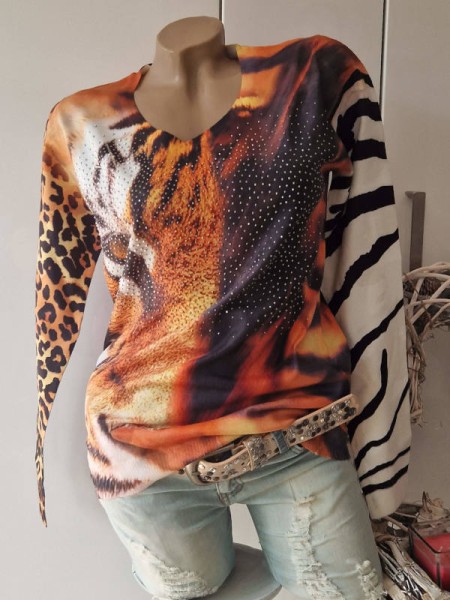 M/L 38 40 Pullover Tiger Animal Print V-Neck MISSY Glattstrickpulli Neu Glitzer Strass Nieten