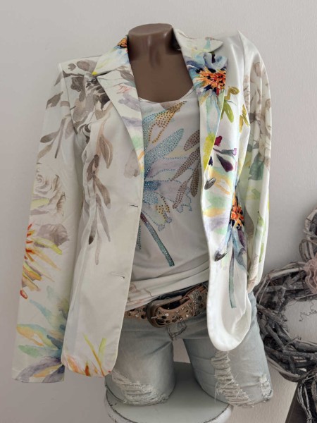 L 40 Blazer Jackett MISSY weiss bunte Aquarell Blumen Print Neu