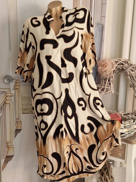 Kleid V-Neck 40-44 Tunika schwarz beige creme gemustert NEU Made in Italy