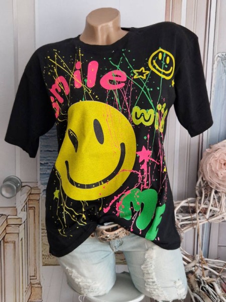 Baumwolle T-Shirt Tunika Made in Italy Rundhals schwarz neon Smile knallig Graffiti 36-40