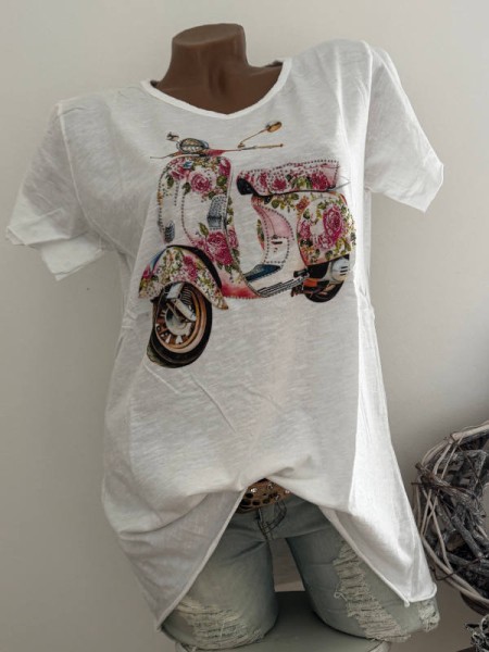 T-Shirt Shirt 36 38 40 42 Roller Blumen Romantik Italy Nieten NEU weiss