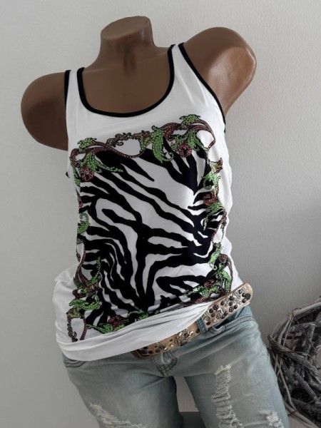 MISSY L 40 Trägertop Top Longtop schwarz weiss Animalprint Glitzer Nieten Neu