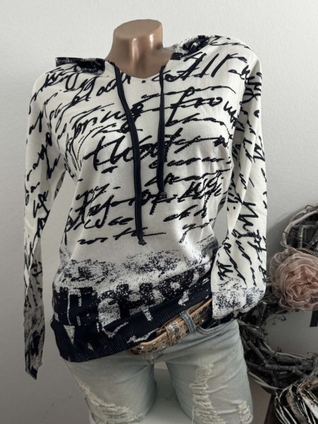 Pullover L/XL 40 42 Kapuzenpulli MISSY Hoodie Pulli weiss schwarz Neu Feinstrick