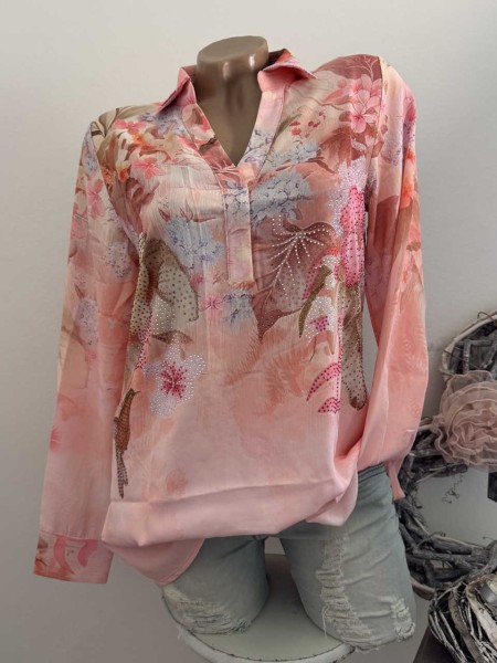 Bluse MISSY Tunika XL 42 Neu V-Neck rosa gemustert Langarm
