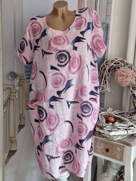 Kleid Kurzarm Made in Italy long Tunika pink rosa gemustert Taschen 40-44