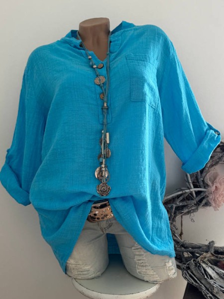 Tunika Hemdbluse Bluse türkis Made in Italy 38-42 Musselin Leinenoptik