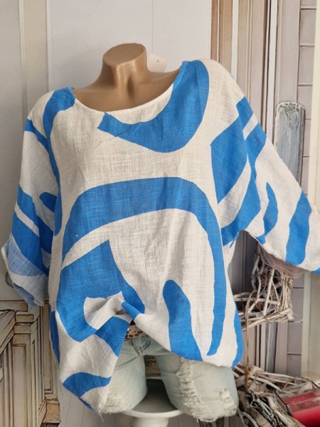 weiss/blau gemusterte Bluse Tunika Musselin Baumwolle Made in Italy Neu 40-44