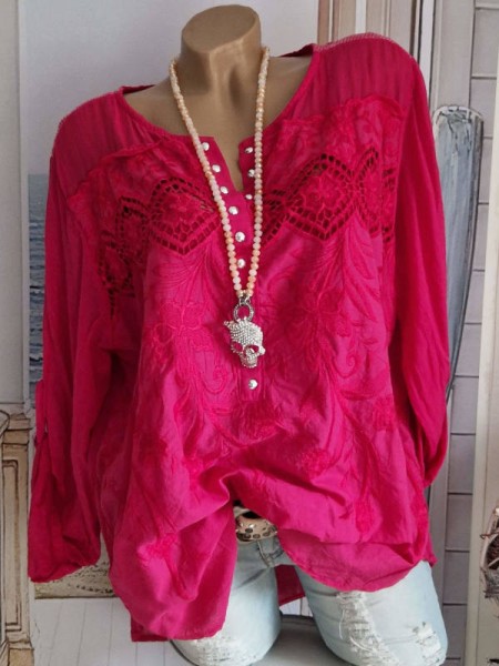 magenta pink Tunika Bluse Hemdbluse Nietenleiste 2tlg Stickerei Baumwolle 38-42 Made in Italy