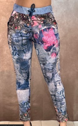 Hose Joggpants MISSY S 36 Jeansoptik rosa pink Ketten Graffiti Print Glitzernieten Neu