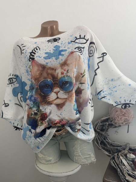 Tunika 36-42 Fledermausarm Feinstrick coole Katze Tunika Pulli bunt NEU Made in Italy 1/2 Arm