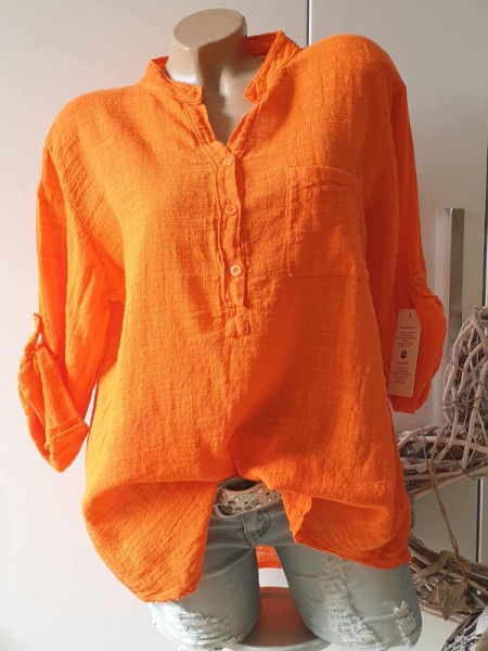 neon orange Hemdbluse 38 40 42 lässige Tunika Leinenoptik Italy Bluse Neu