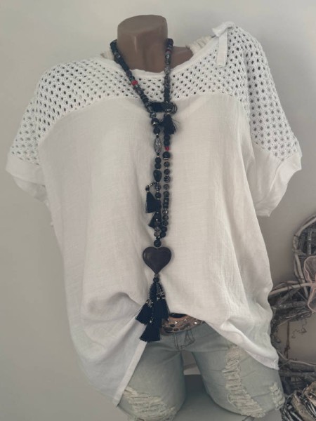 Tunika Bluse Netzeinsatz weiss 38-42 Made in Italy 25% Leinen Neu