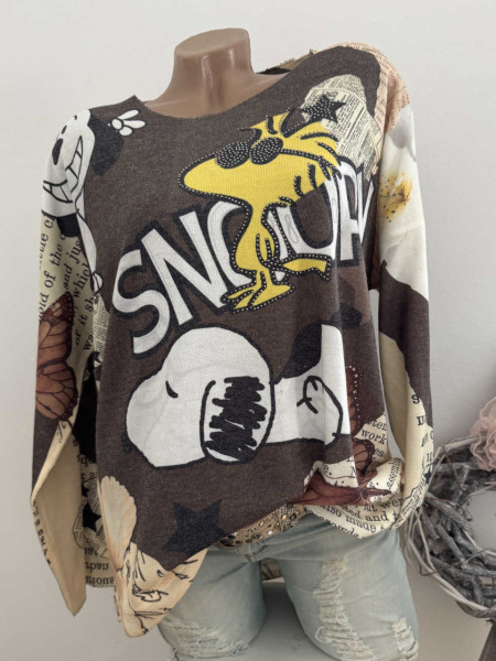 Longsleeve Feinstrick Tunika braun Graffiti Comic print 40-44 Made in Italy