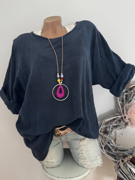 Bluse 2tlg Tunika dunkelblau Musselin Baumwolle Made in Italy Neu 38-42