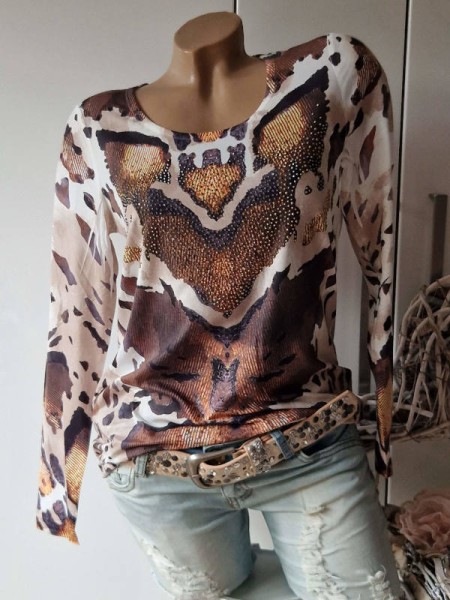 S 36 MISSY Tunika Longsleeve Shirt Animal gemustert Strass NEU Glitzer