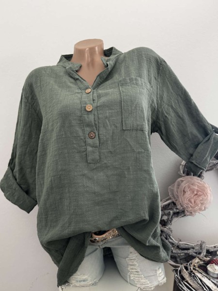 Tunika Bluse oliv Hemdbluse Made in Italy 38-42 Musselin Leinenoptik