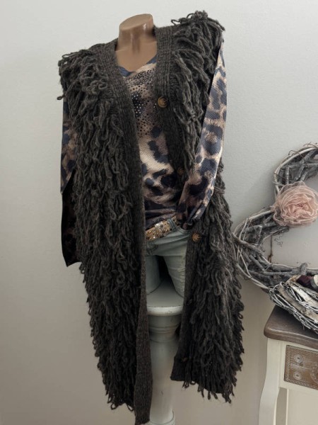 Zottel Fransen Strickweste Weste lang braun Made in Italy Oversized NEU 38-44