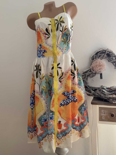 Kleid MISSY L 40 Trägerkleid Sommerkleid Knopfleiste gelb/bunt Palmen Strandmotive Glitzer Print Neu