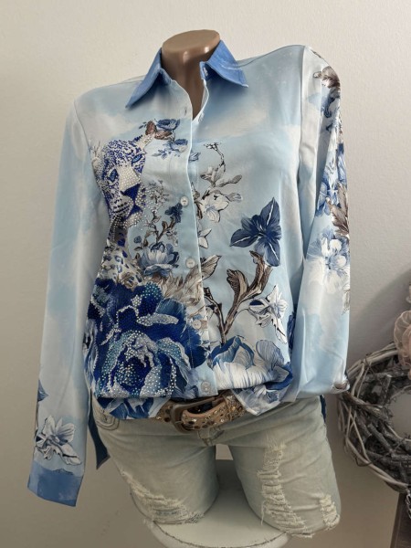 MISSY L 40 Bluse Tunika Hemdbluse blau Tiger Blumen Floral Neu Glitzer Steinchen