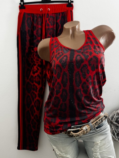 MISSY M 38 Trägertop Top Longtop Leo Animal rot/schwarz Glitzer Nieten Neu
