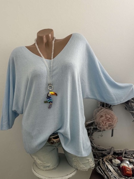 Oversized Italy 38-42 Fledermausarm hellblau Tunika Glattstrick Pullover 1/2 Arm