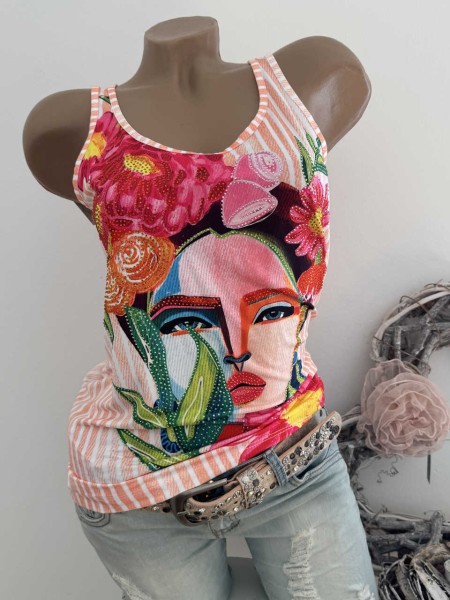 XL 42 MISSY Top Longtop Gesicht Blumen Abstrakt bunt Trägertop Glitzernieten Neu