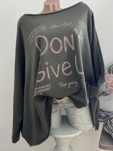 Oversized Fledermausarm Tunika khaki Sweatshirt NEU 40-46 Made in Italy Statement Print