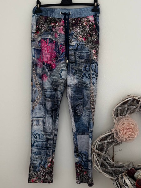 Hose Joggpants MISSY S 36 Jeansoptik rosa pink Ketten Graffiti Print Glitzernieten Neu