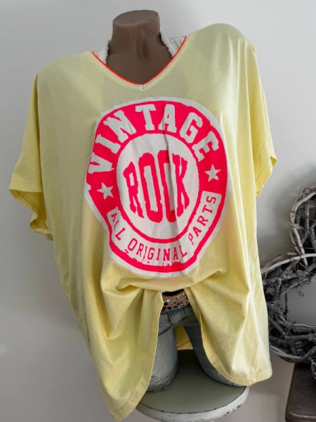 Tunika T-Shirt 40-44 Made in Italy V-Neck gelb Neon Print