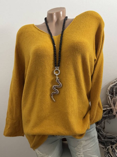 V-Neck Flausch Pullover Pulli curry 40-44 Neu Tunika Made in Italy