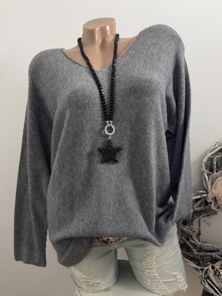 V-Neck Flausch Pullover Pulli grau 38-42 Neu Tunika Made in Italy