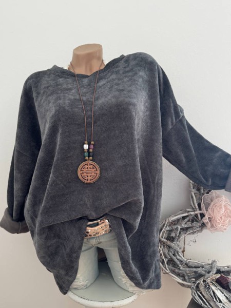 2tlg Cord Tunika dunkelgrau mit Kette Made in Italy 40-44 NEU Pullover