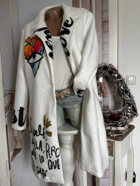 NEU Boucle Mantel ausgefallener Print 38-42 weiss Made in Italy