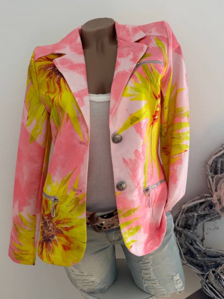 L 40 MISSY Blazer Jackett Zipper Taschen Neu rosa gelbe Blumen gemustert Glitzer