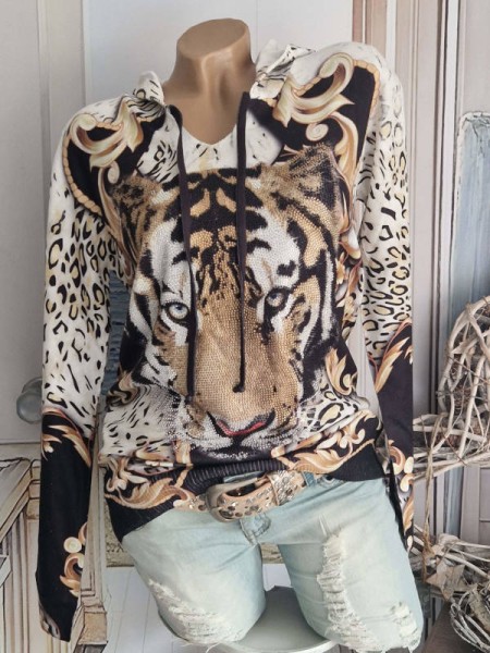 Pulli Pullover Kapuzenpulli MISSY M/L 38 40 Hoodie Neu Leo/Tiger Feinstrick Mega Glitzer Nieten