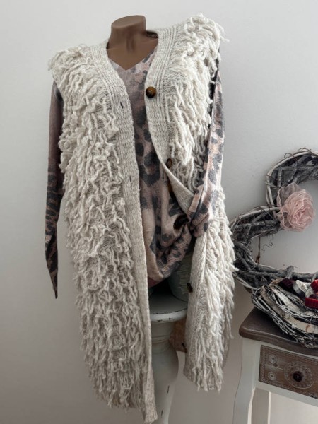 Zottel Fransen Strickweste Weste lang beige Made in Italy Oversized NEU 38-44