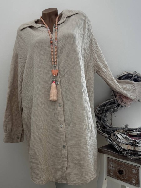 Long Tunika Bluse Longbluse Blusenkleid 40-46 Musselin Baumwolle beige NEU Italy