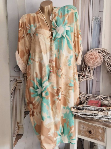 Kleid V-Neck 40-44 Tunika mit Taschen bunt Aquarell gemustert NEU Made in Italy